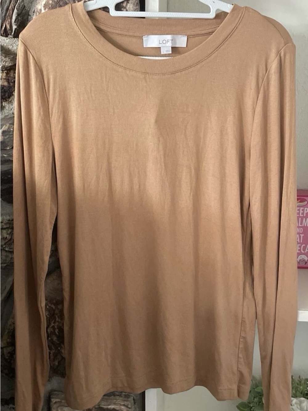 LOFT Long-Sleeve Crew Neck Top in Camel/Tan